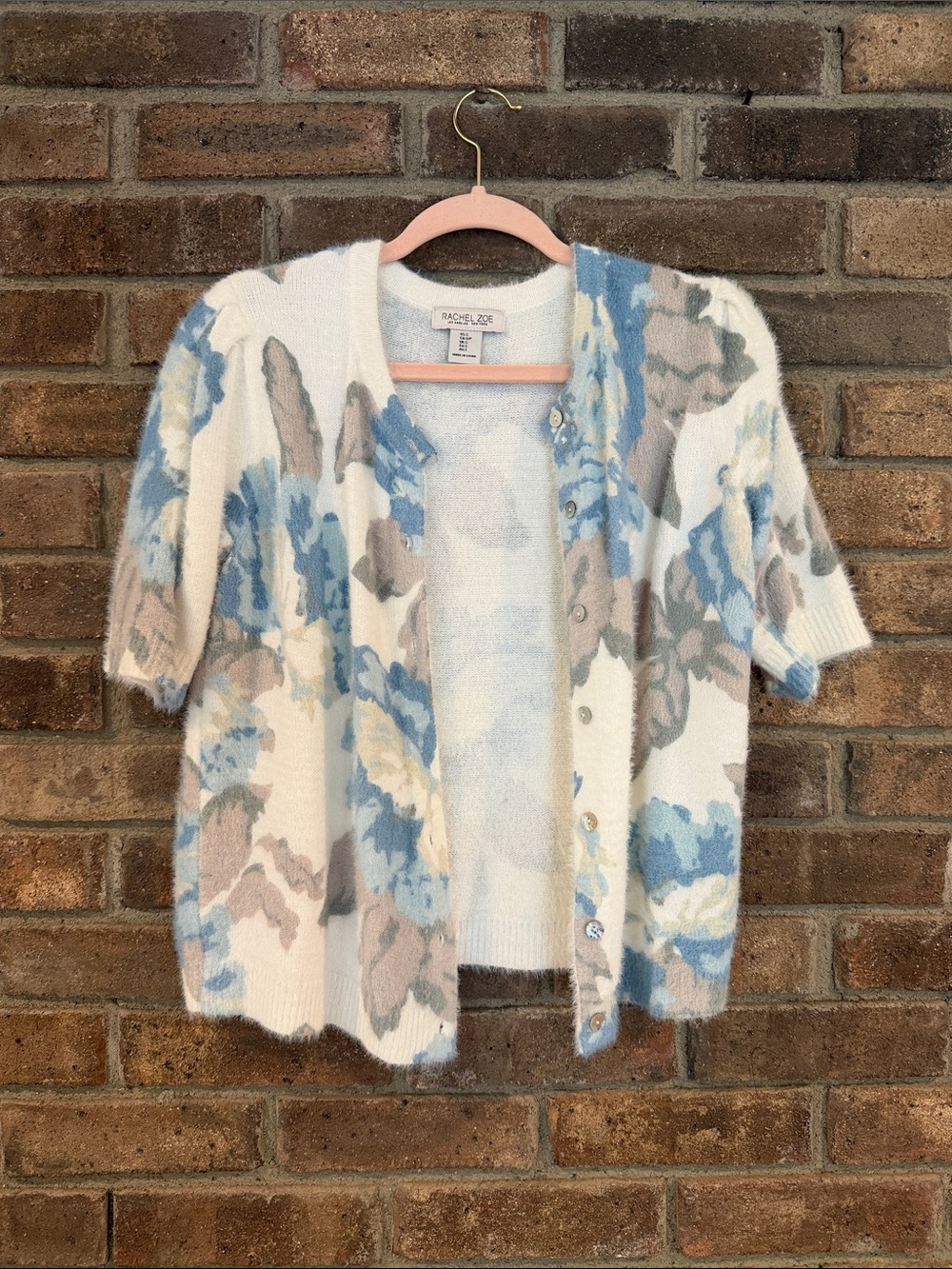 Rachel Zoe Cream Short-Sleeve Floral Cardigan with Blue & Taupe Accents